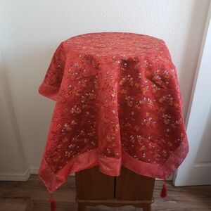 #Red Asian Life Scenes Silk Lined Brocaded Armchair Piano Small Table Cover